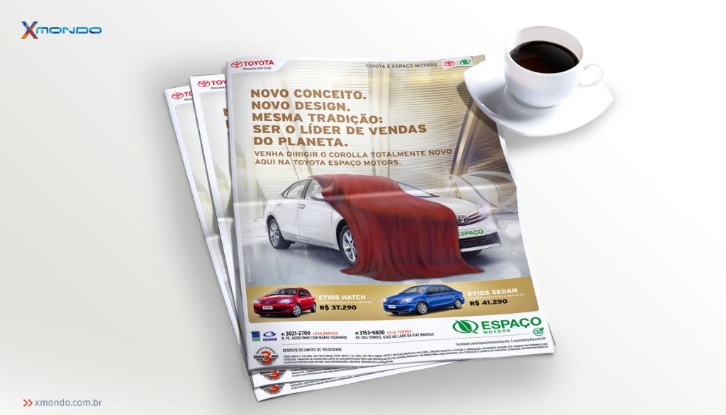 Anúncio impresso Toyota Corolla e Etios para Espaço Motors